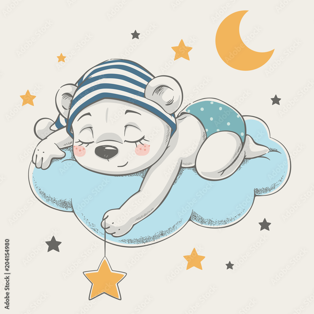 Cute dreaming bear cartoon hand drawn vector illustration. Can be used for  t-shirt print, kids wear fashion design, baby shower celebration greeting  and invitation card. Stock Vector | Adobe Stock