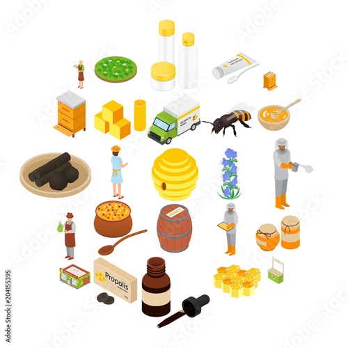 Propolis honey apiary icons set. Isometric illustration of 25 propolis honey apiary vector icons for web