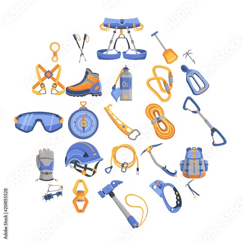 Mountaineering equipment icons set. Cartoon illustration of 16 mountaineering equipment vector icons for web