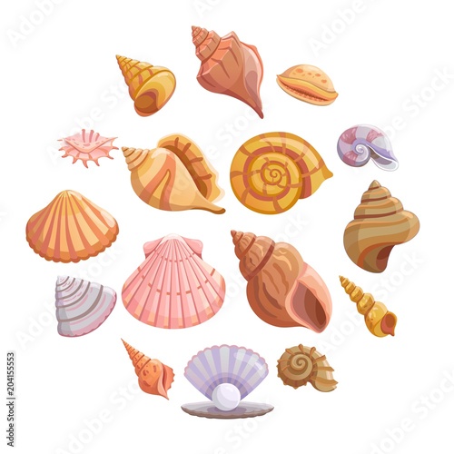 Sea shell beach icons set. Cartoon illustration of 16 Sea shell beach tropical underwater vector icons for web