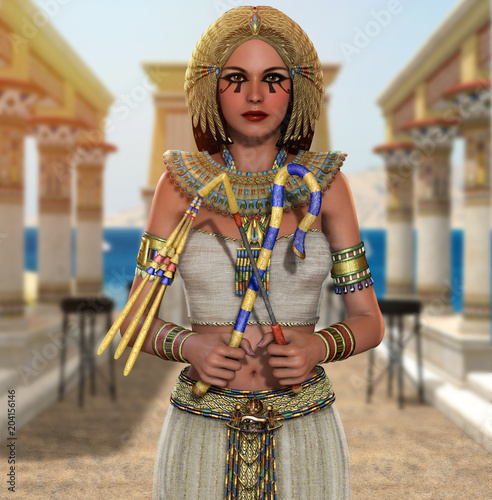 Fotografi Egyptian Queen Cleopatra Pharaoh holding signs of power