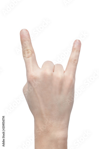 Hand formed in a goat sign on white background. Showing rock-n-roll sign isolated.