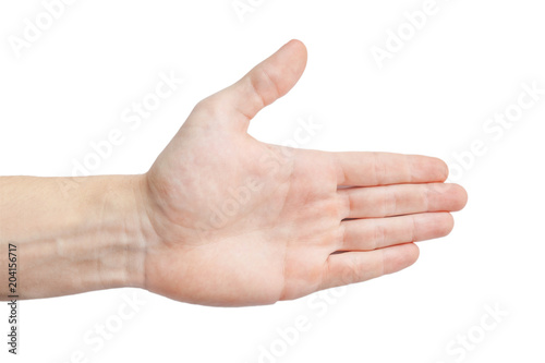 An outstretched hand with folded fingers. Gesture on a white background. The gesture shows the direction of movement. Open hand isolated.