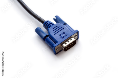 VGA cable of blue color on a white background. To connect a computer graphics card to a monitor. Isolated object. Diagonal view.