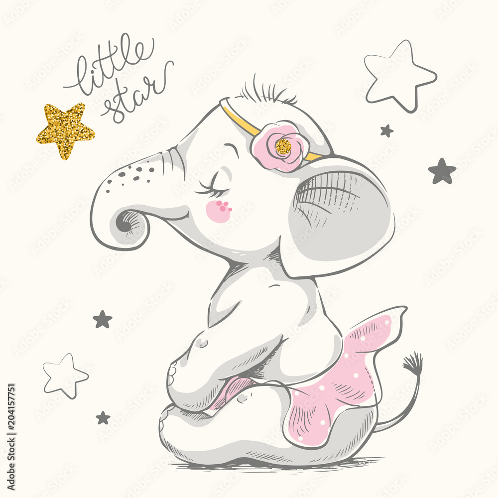 Naklejka premium Ładny słoń baleriny kreskówka ręcznie rysowane ilustracji wektorowych. Może być stosowany do nadruków na koszulkach, projektowania mody dla dzieci, powitania z okazji urodzin baby shower i karty z zaproszeniem.
