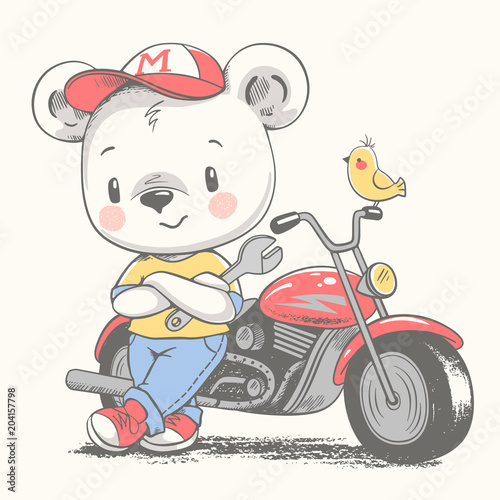 Cute bear near the motorcycle cartoon hand drawn vector illustration. Can be used for t-shirt print, kids wear fashion design, baby shower celebration greeting and invitation card.