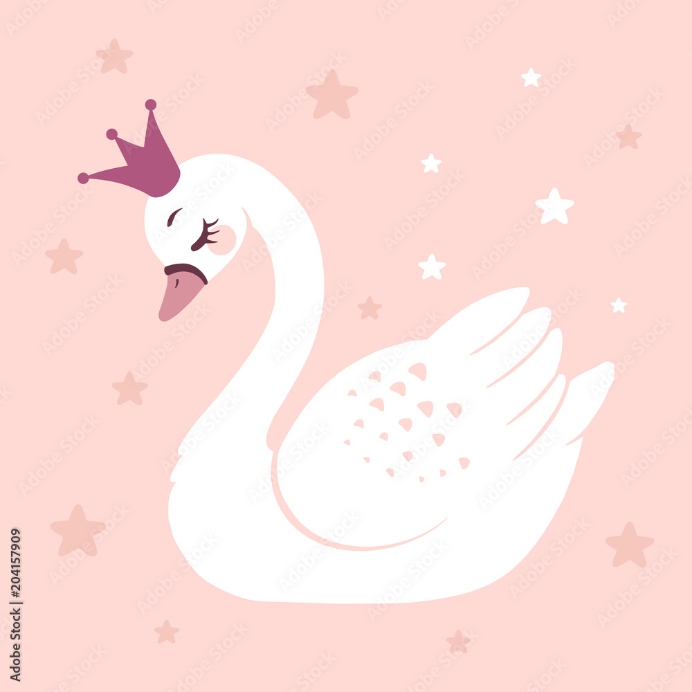 Obraz premium Śliczna księżniczka łabędź na różowym tle kreskówka ręcznie rysowane ilustracji wektorowych. Może być stosowany do nadruków na koszulkach, projektowania mody dla dzieci, powitania z okazji urodzin baby shower i karty z zaproszeniem.