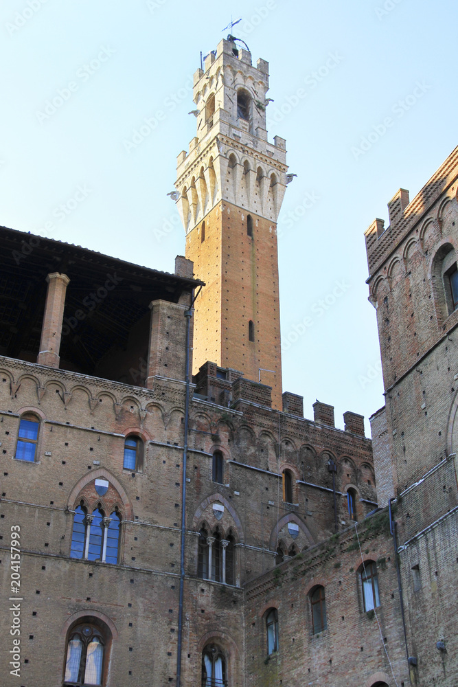 Bell tower - Torre del Mangia - town hall, back side, Siena, Tuscany, Italy.