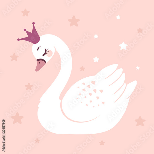 Fototapeta Naklejka Na Ścianę i Meble -  Cute princess swan on pink background cartoon hand drawn vector illustration. Can be used for t-shirt print, kids wear fashion design, baby shower celebration greeting and invitation card.