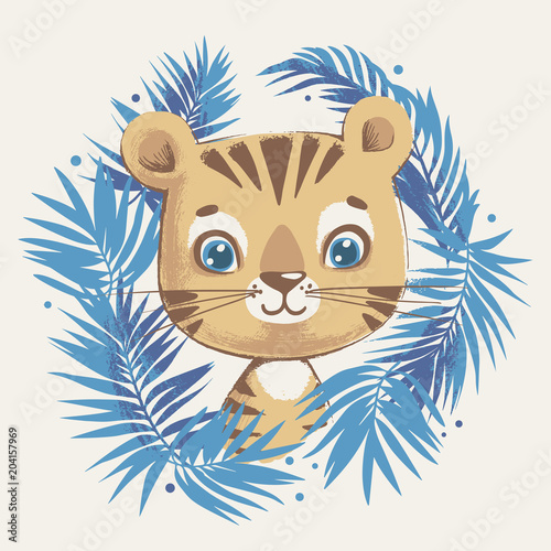 Fototapeta Naklejka Na Ścianę i Meble -  Cute tiger in the jungle cartoon hand drawn vector illustration. Can be used for t-shirt print, kids wear fashion design, baby shower celebration greeting and invitation card.