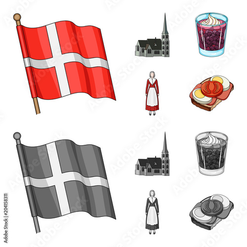 Flag, national, symbol, and other web icon in cartoon,monochrome style.Denmark,history, tourism, icons in set collection.