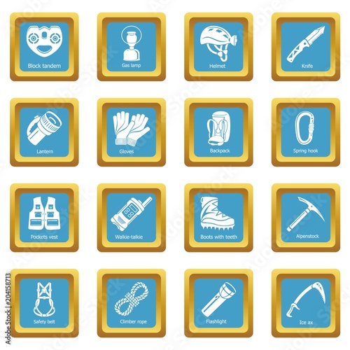 Speleology equipment icons set sapphirine square vector
