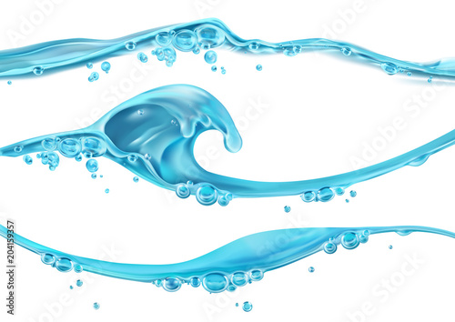 Wave of water and bubbles, 3d vector set