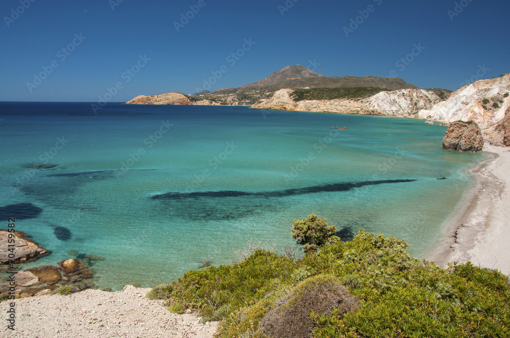 Turquoise waters of Firiplaka beach at Milos island in Greece