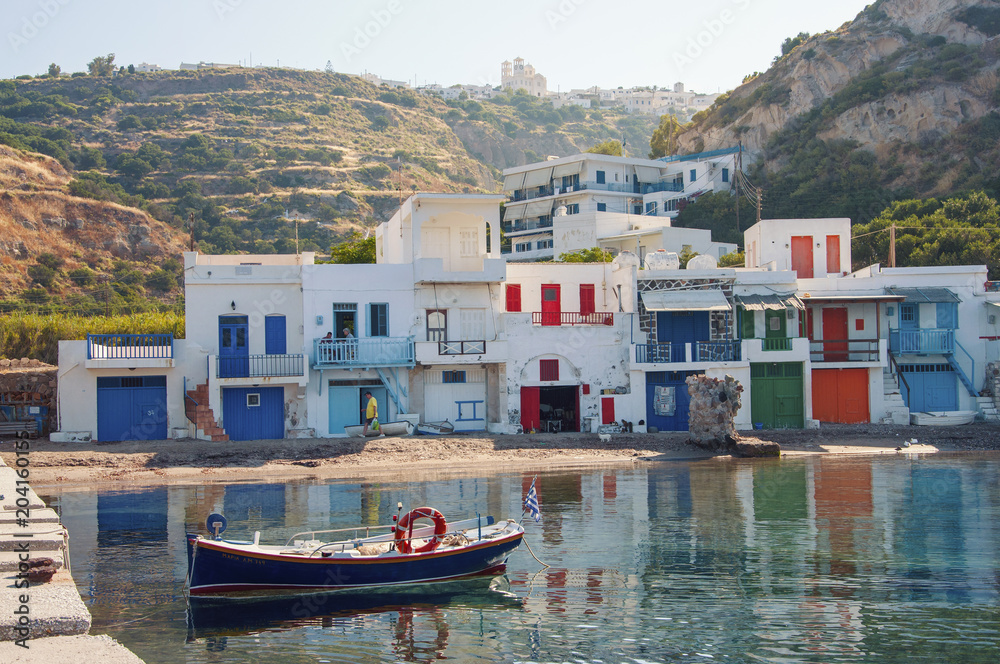 Syrmata colorful fishermans houses of Klima village at Milos island in Greece
