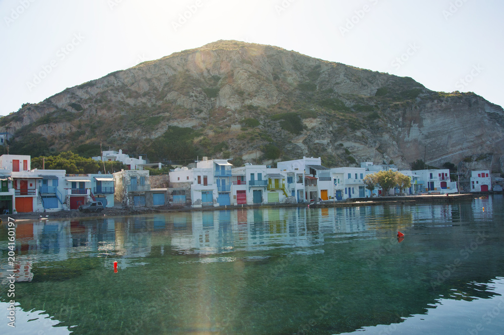 Colorful syrmata fishing houses of Klima village at Milos island in Greece Colorful syrmata fishing houses of Klima village at Milos island in Greece
