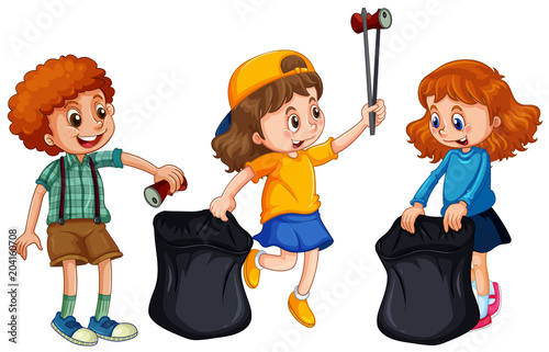 Children Collecting Rubbish on White Background