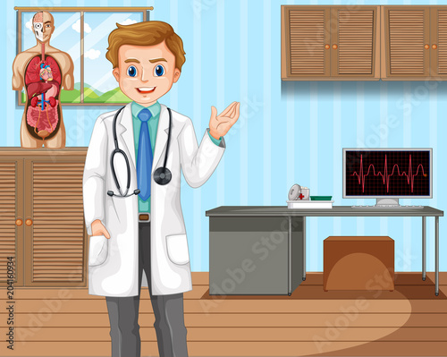 Doctor with Human Anatomy at Hospital