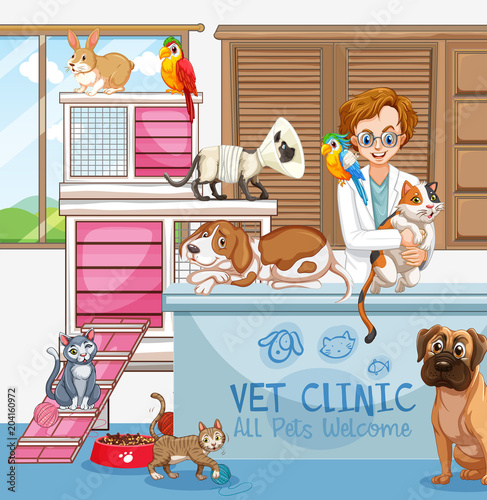 Veterinarian Doctor with Cats and Dogs at Clinic