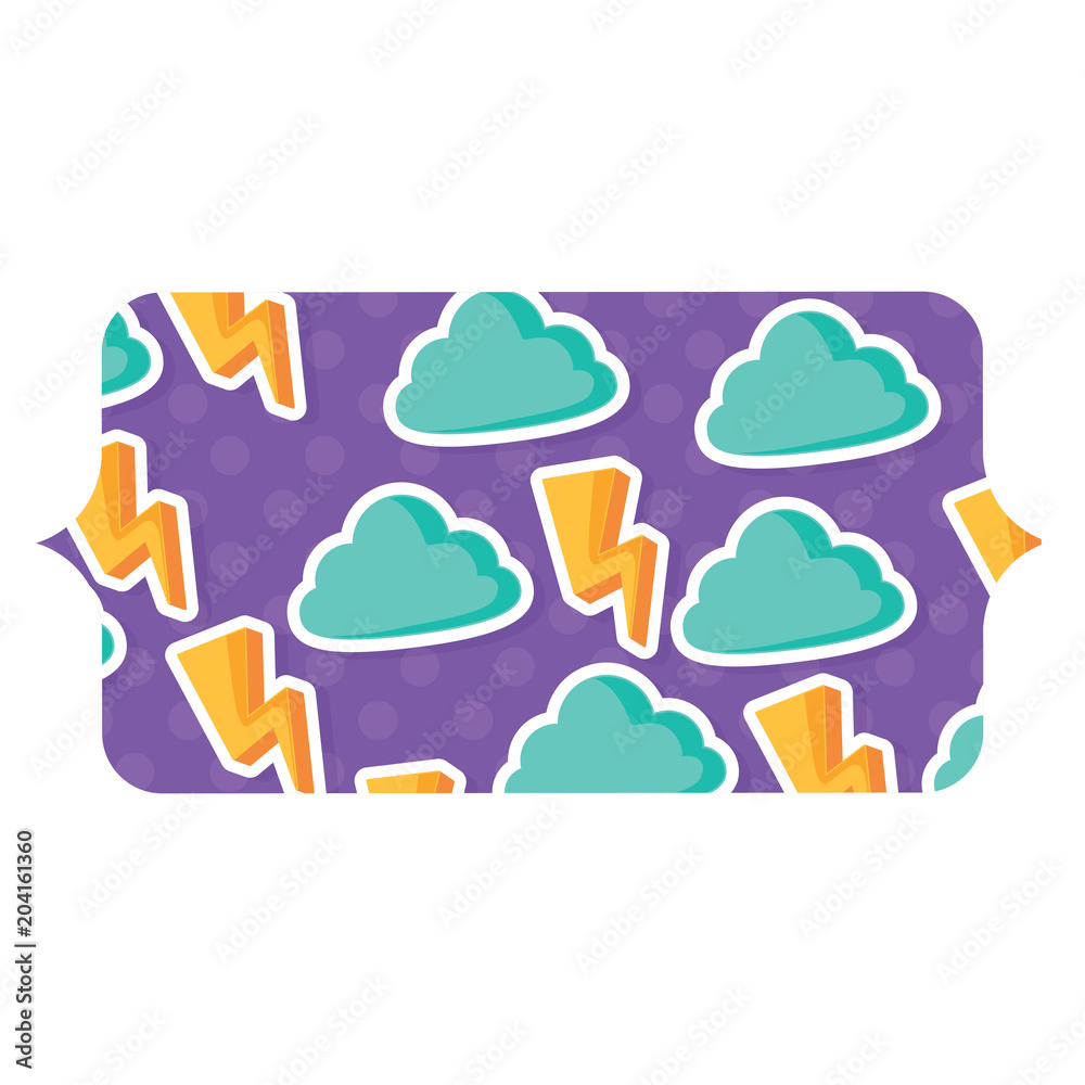 banner with clouds and lightning pattern over white background, colorful design. vector illustration