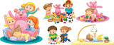 Kids Playing with Toys on White Background