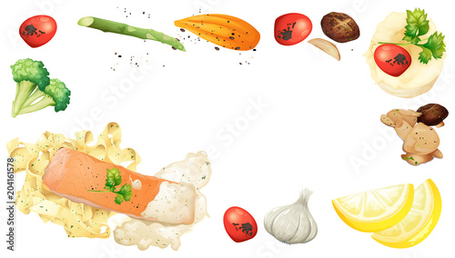 Salmon and Pasta Element on Whit Background