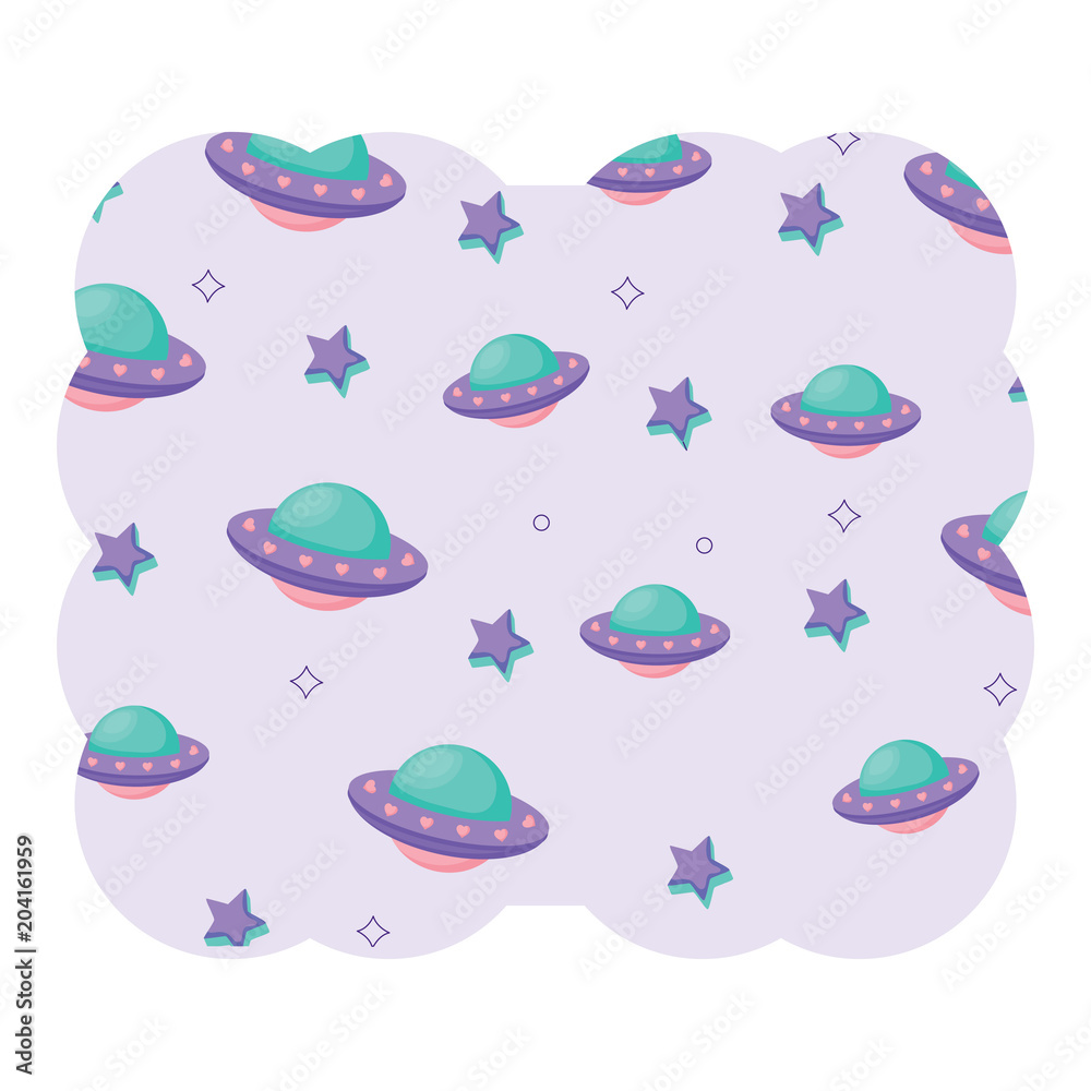 decorative frame with ufo and stars pattern over white background, vector illustration decorative frame with ufo and stars pattern over white background, vector illustration