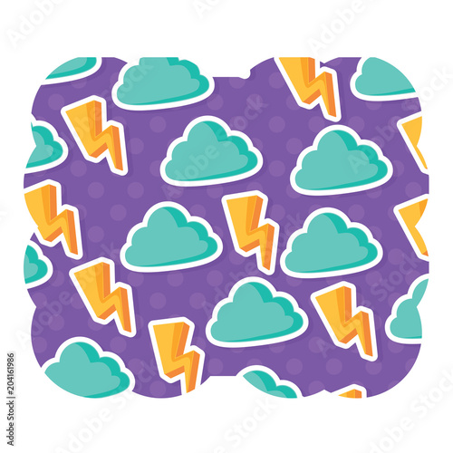 decorative frame with clouds and lightning pattern over white background, colorful design. vector illustration