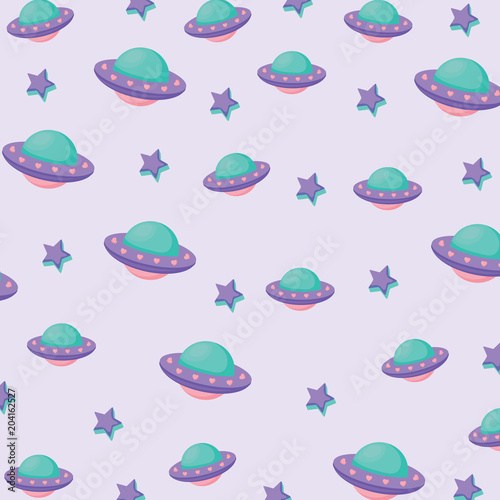 background with ufo and stars pattern, colorful design. vector illustration