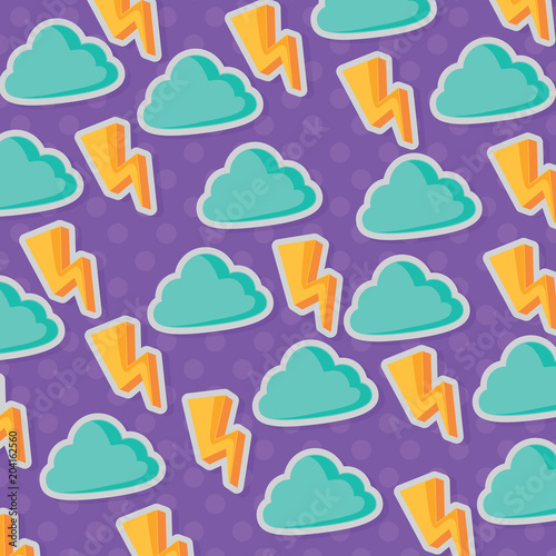 background with clouds and lightning pattern, colorful design. vector illustration