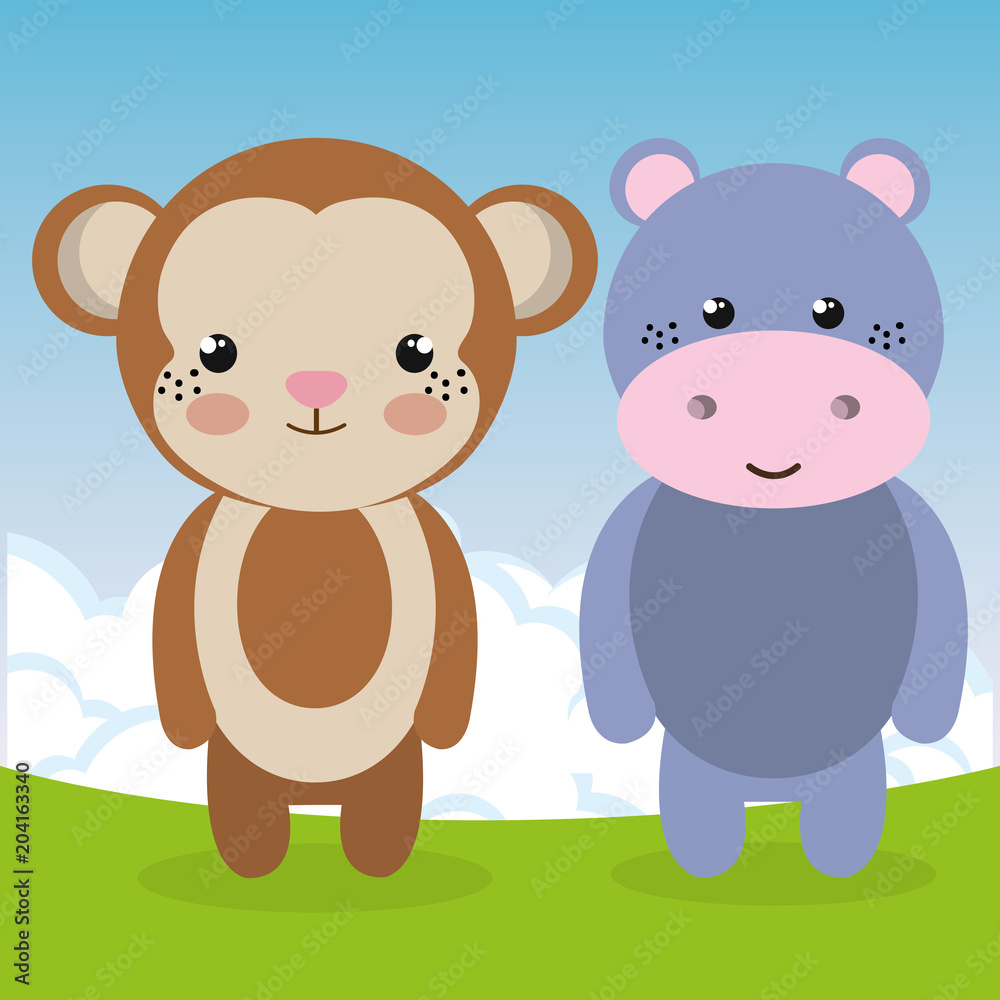 Obraz premium cute monkey and hippo in the field landscape characters vector illustration