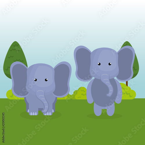 Fototapeta Naklejka Na Ścianę i Meble -  cute elephants couple in the field landscape character vector illustration design