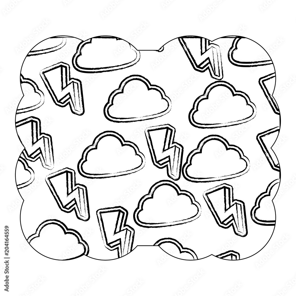 decorative frame with clouds and lightning pattern over white background, vector illustration decorative frame with clouds and lightning pattern over white background, vector illustration