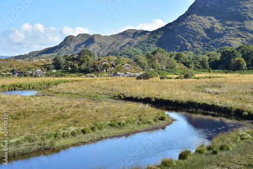 Shallow creek slowly flowing through valley with Reeks mountain range in background.