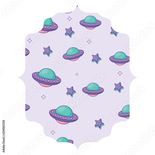 arabic frame with ufo and stars pattern over white background, vector illustration