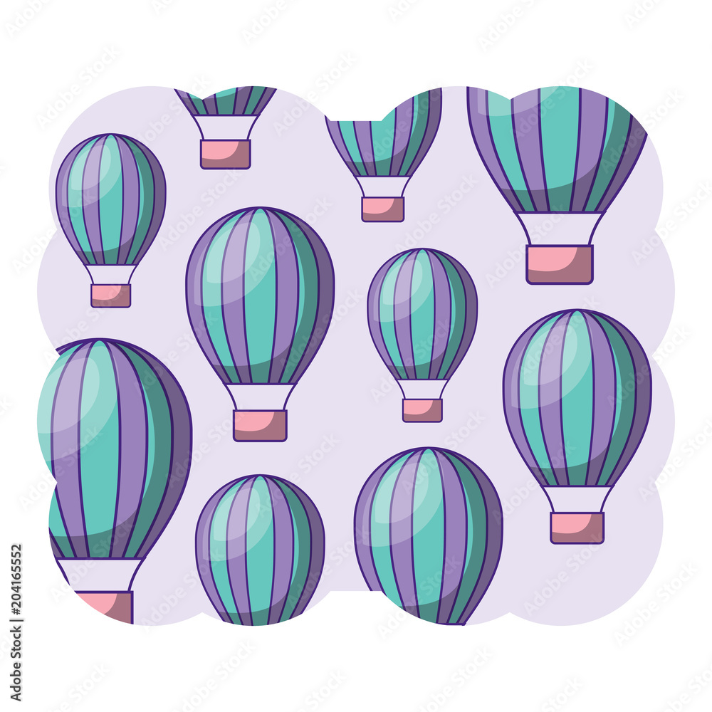 decorative frame with hot air balloons pattern over white background, colorful design. vector illustration