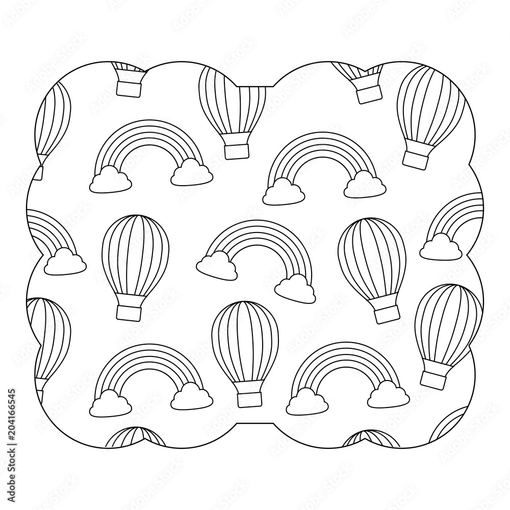 decorative frame of hot air balloon and rainbow pattern over white background, vector illustration decorative frame of hot air balloon and rainbow pattern over white background, vector illustration