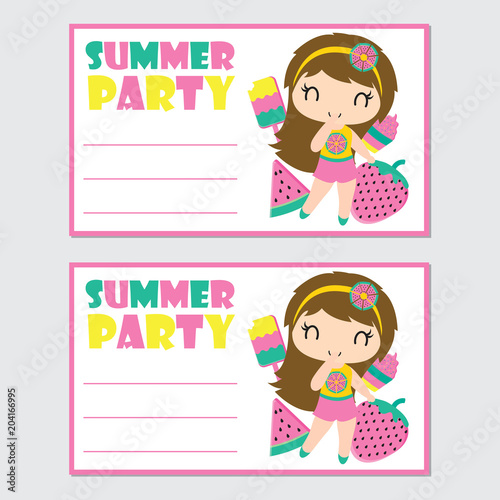 Cute girl and summer elements vector cartoon illustration for summer party card design, postcard, and wallpaper