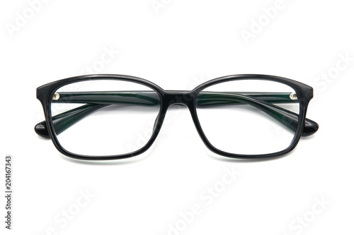 Black eye glasses spectacles with shiny black frame For reading daily life To a person with visual impairment. White background as background health concept with copy space.