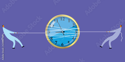 Two businessmen tug of war,common pull clock.