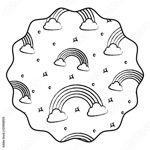 circular frame with rainbow and clouds pattern over white background, vector illustration