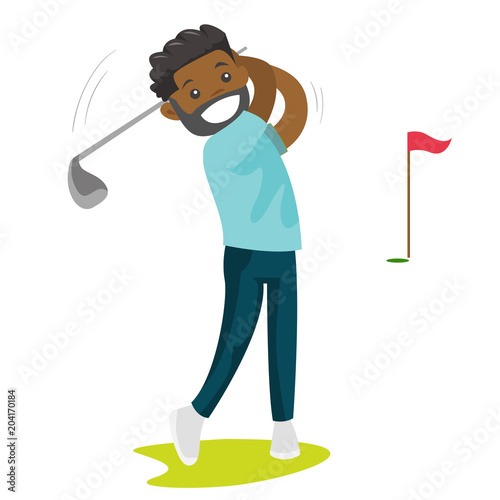 Young black golfer hitting the ball with a niblick. Professional golfer playing golf on the golf course. Concept of sport and physical activity. Vector cartoon illustration. Square layout.