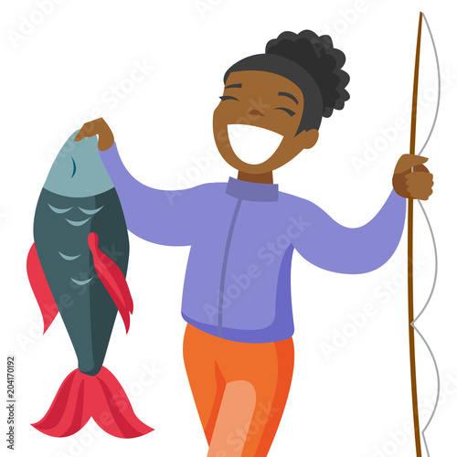 Happy black fisherwoman proud of catch after fishing