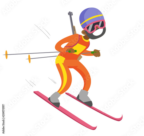 Young black sportsman taking part in ski biathlon competition. Cheerful biathlon runner running with a rifle gun behind his back. Vector cartoon illustration isolated on white background.