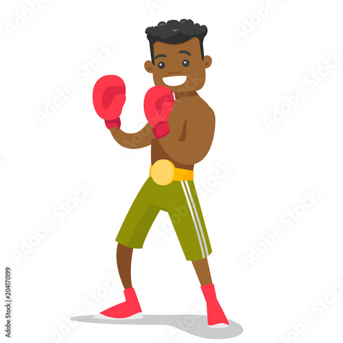 Smiling black boxer in red boxing gloves training during fitness workout. Male boxer exercising in boxing gloves. Vector cartoon illustration isolated on white background. Square layout.