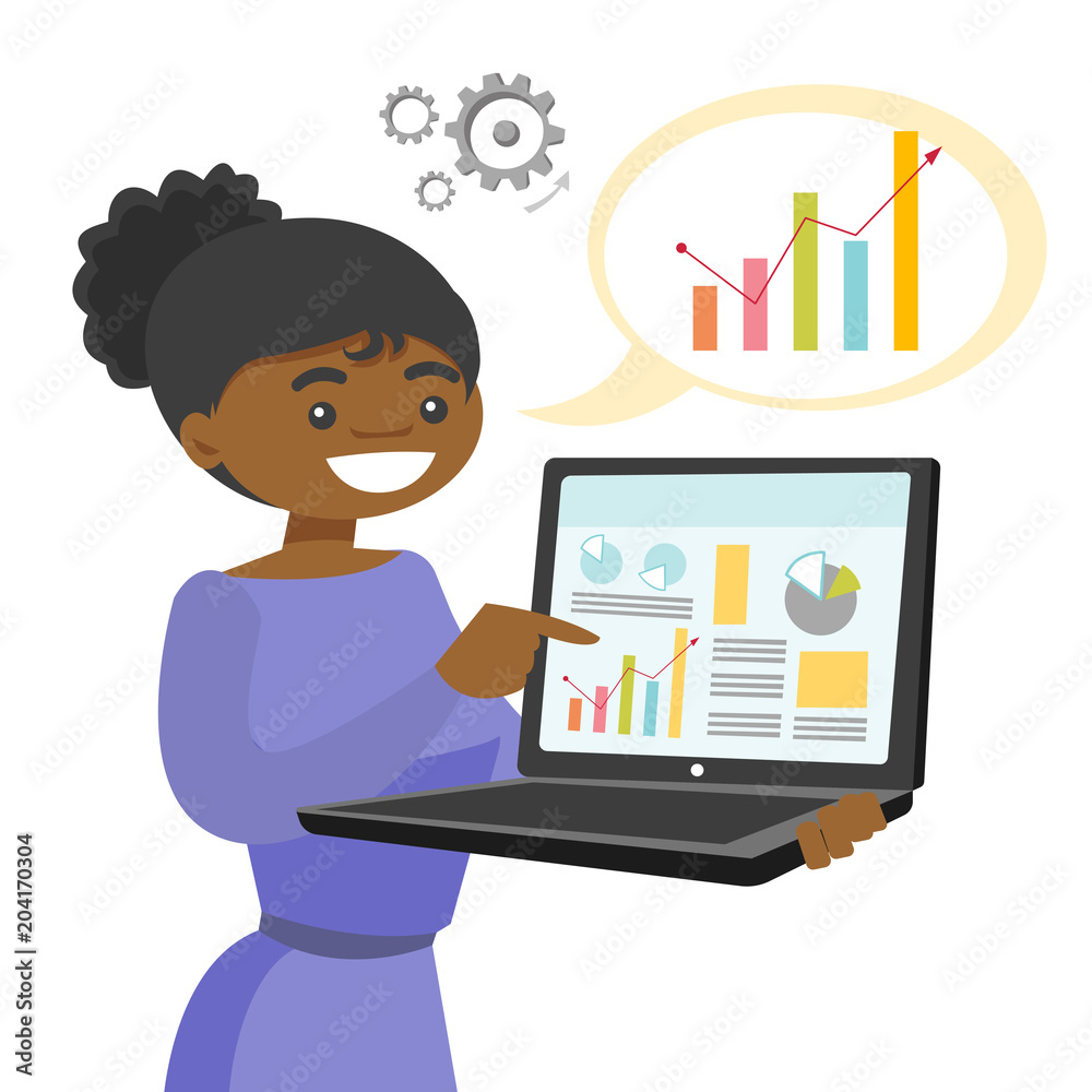 Black woman showing charts on the laptop. Businesswoman presenting report with charts. Presentation concept. Vector cartoon illustration isolated on white background. Black woman showing charts on the laptop. Businesswoman presenting report with charts. Presentation concept. Vector cartoon illustration isolated on white background.