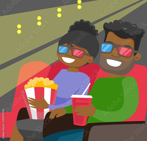 Caucasian couple watching three D movie. Young couple in 3d glasses watching movie with popcorn in the cinema. Vector cartoon illustration isolated on white background. Square layout.