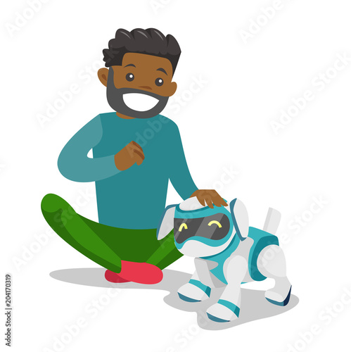 Black man playing with dog robot. Happy black man playing with a robotic dog. Vector cartoon illustration isolated on white background. Square layout.
