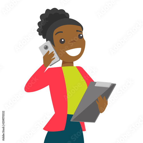 Black businesswoman negotiating on smartphone. Businesswoman holds folder for papers and speaks smartphone. Vector cartoon illustration isolated on white background.