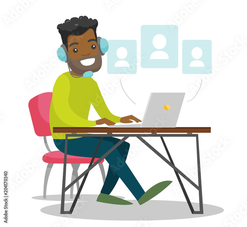 A black man in headset with a computer at the desk. Making contacts in social media. Concept of work, office, internet, network, conference. Vector cartoon illustration isolated on white background.